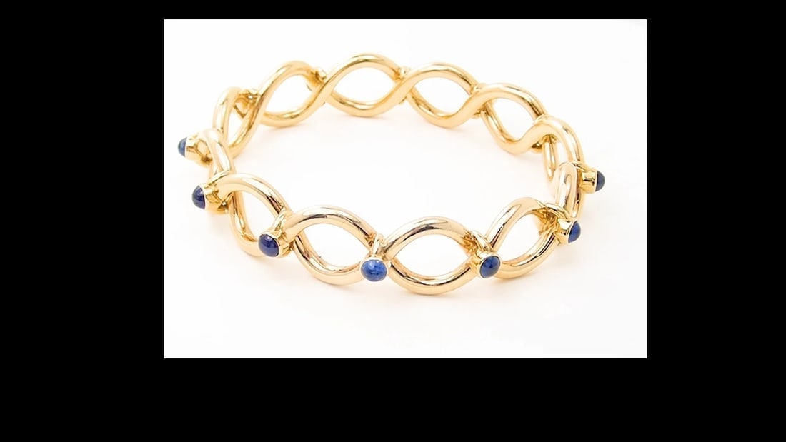 Rare! Authentic Tiffany & Co 18k Yellow Gold France Sapphire Bangle Bracelet - 2