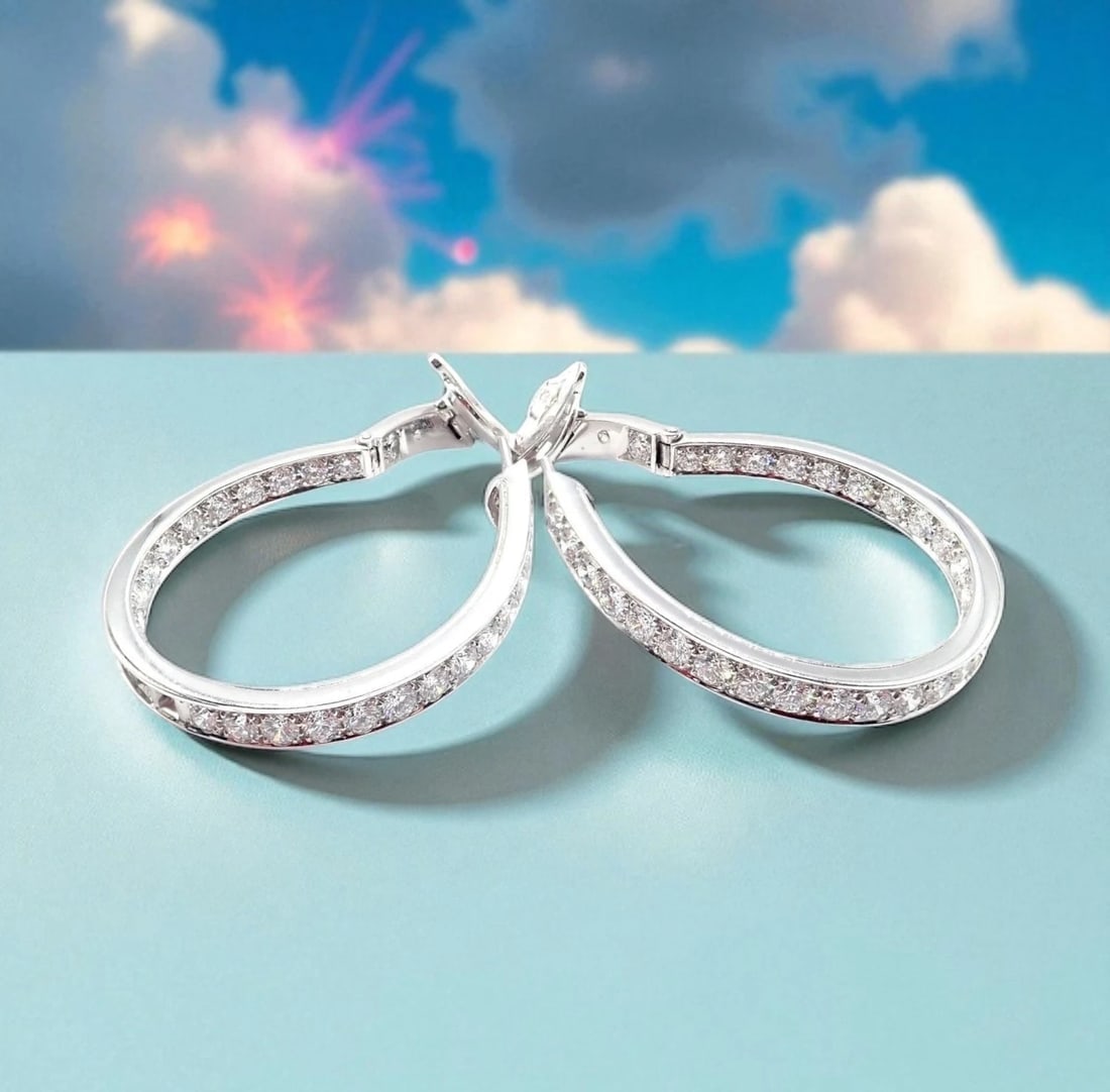 Authentic! Van Cleef & Arpels 18k White Gold Diamond Large Hoop Earrings - 2