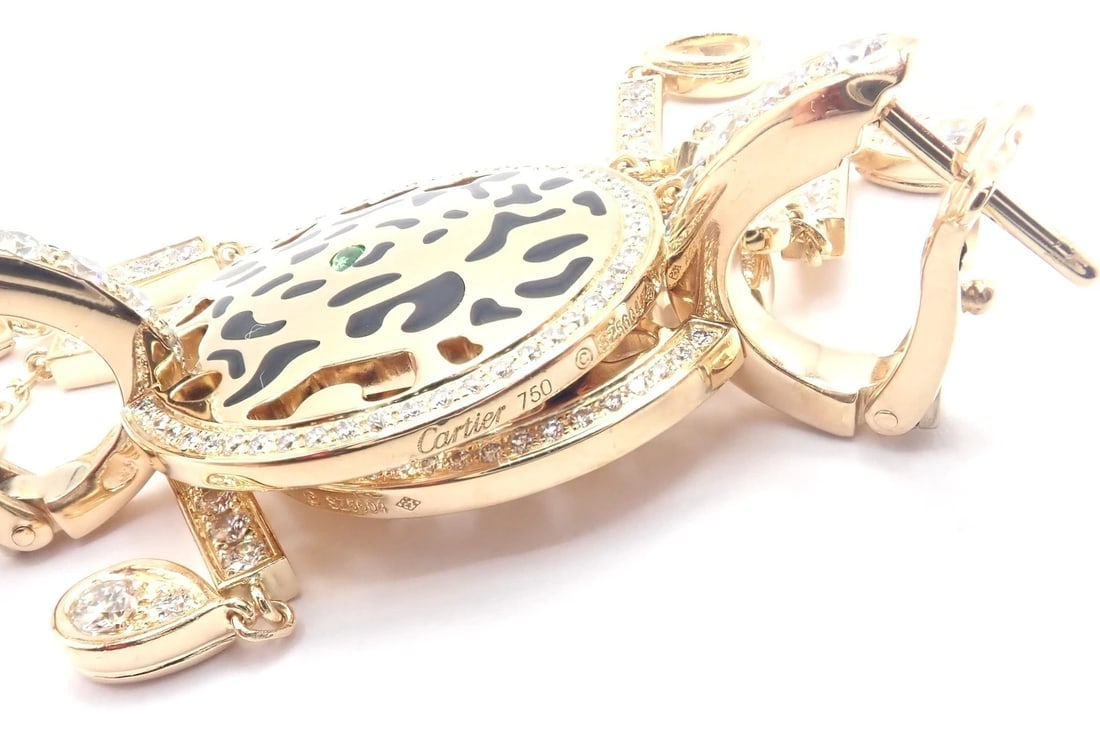 Authentic! Cartier Panther 18k Yellow Gold Diamond Lacquer Tsavorite Earrings - 11