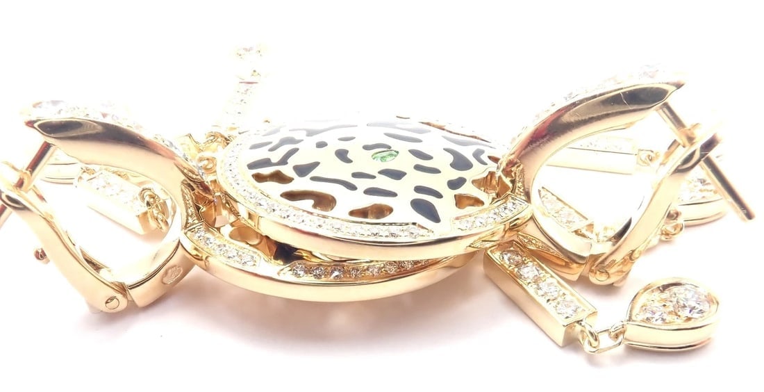 Authentic! Cartier Panther 18k Yellow Gold Diamond Lacquer Tsavorite Earrings - 12