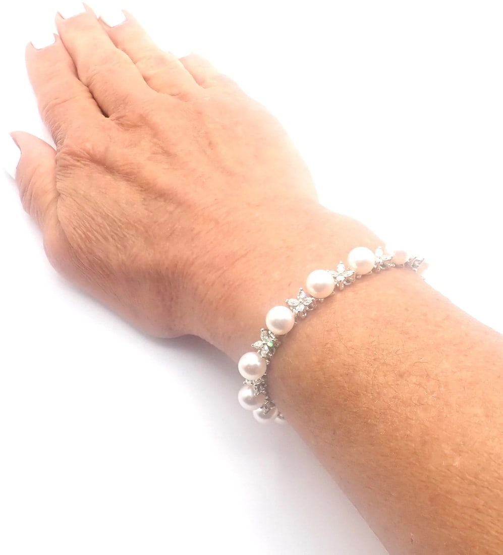 Tiffany & Co Victoria Platinum Diamond Akoya Cultured Pearl Line Tennis Bracelet - 10