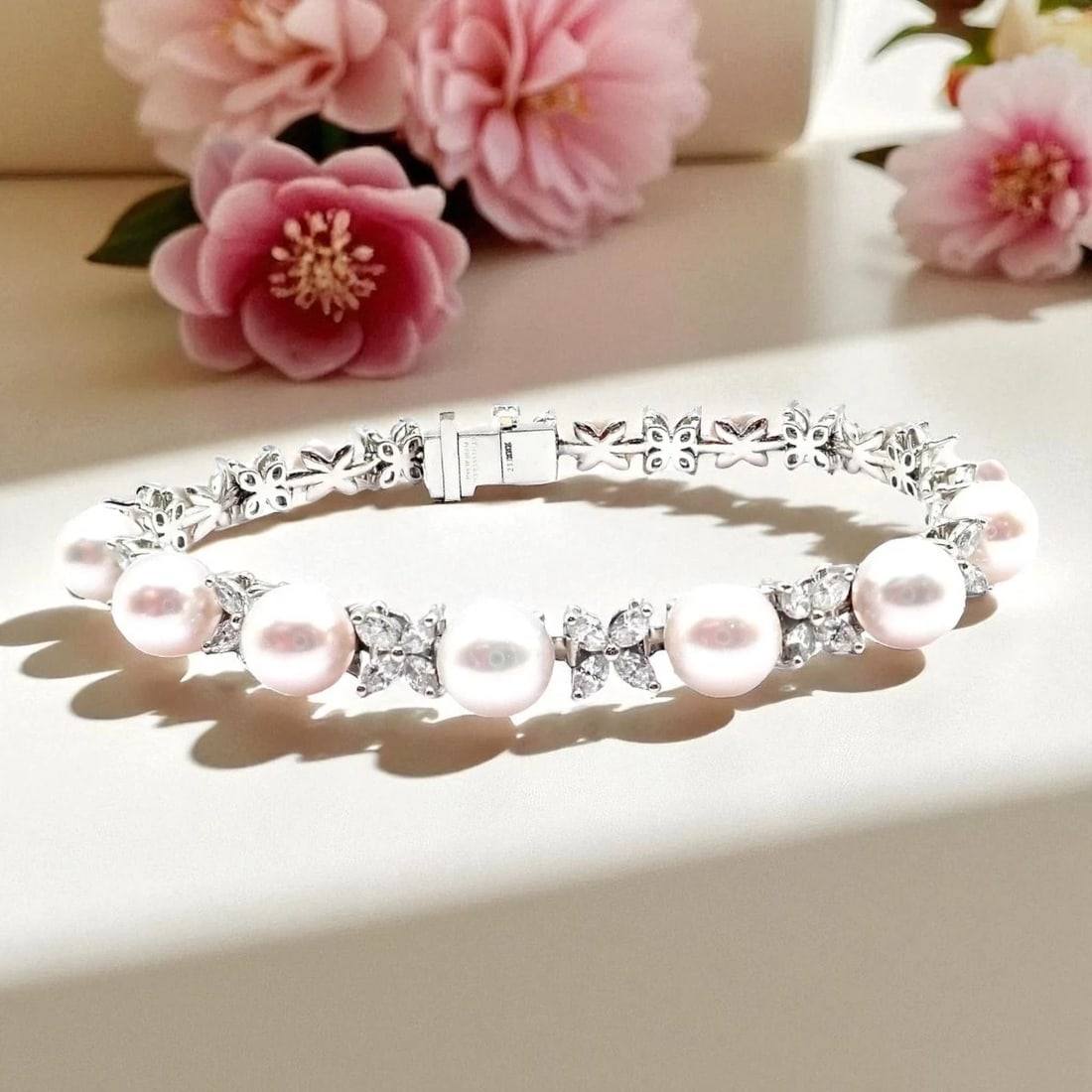 Tiffany & Co Victoria Platinum Diamond Akoya Cultured Pearl Line Tennis Bracelet - 2