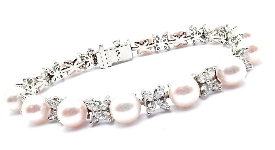 Tiffany & Co Victoria Platinum Diamond Akoya Cultured Pearl Line Tennis Bracelet - 3