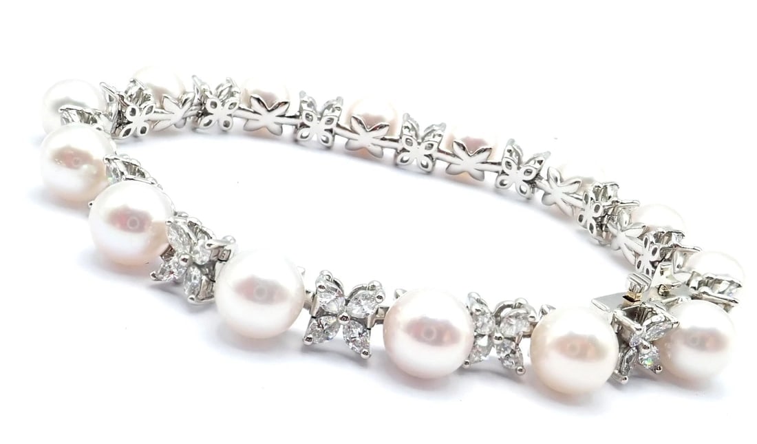 Tiffany & Co Victoria Platinum Diamond Akoya Cultured Pearl Line Tennis Bracelet - 6