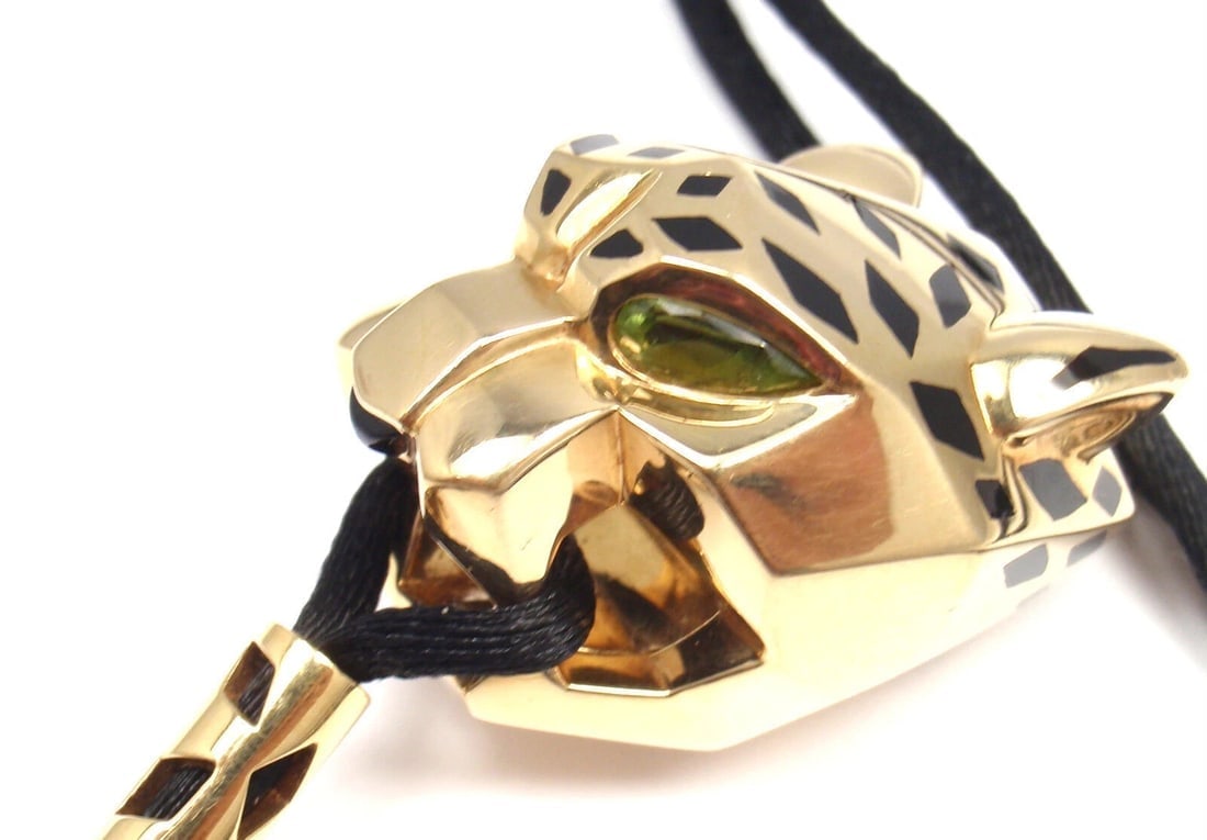 Authentic Cartier Panther Panthere 18k Yellow Gold Emerald Lacquer Cord Necklace - 10