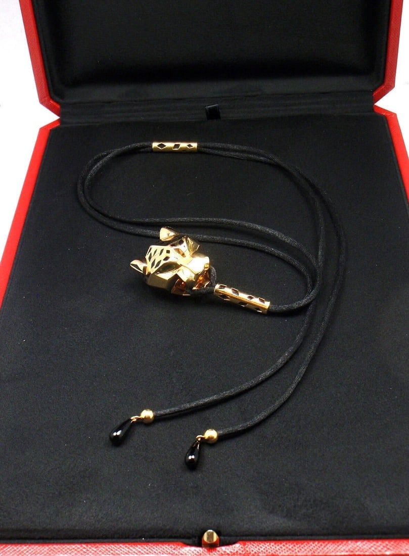 Authentic Cartier Panther Panthere 18k Yellow Gold Emerald Lacquer Cord Necklace - 11