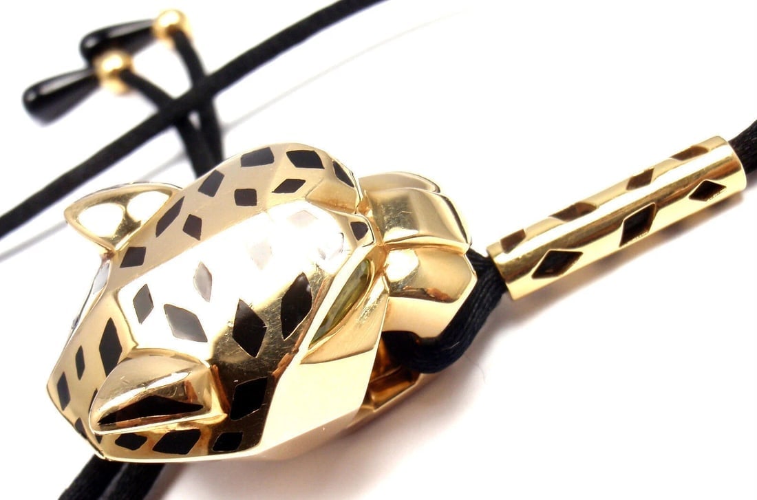 Authentic Cartier Panther Panthere 18k Yellow Gold Emerald Lacquer Cord Necklace - 7