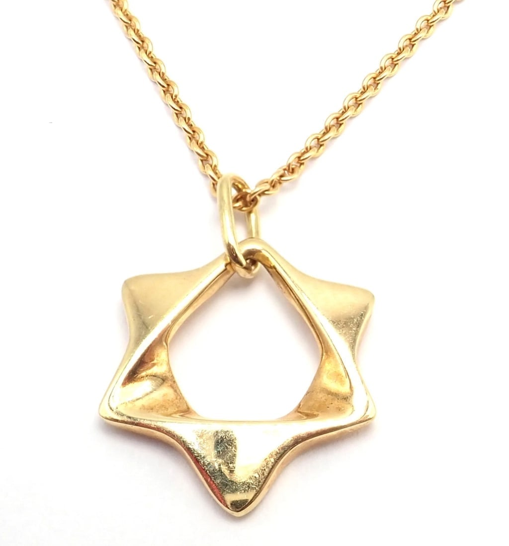 Authentic! Georg Jensen 18k Yellow Gold Star Of David Pendant Necklace - 14