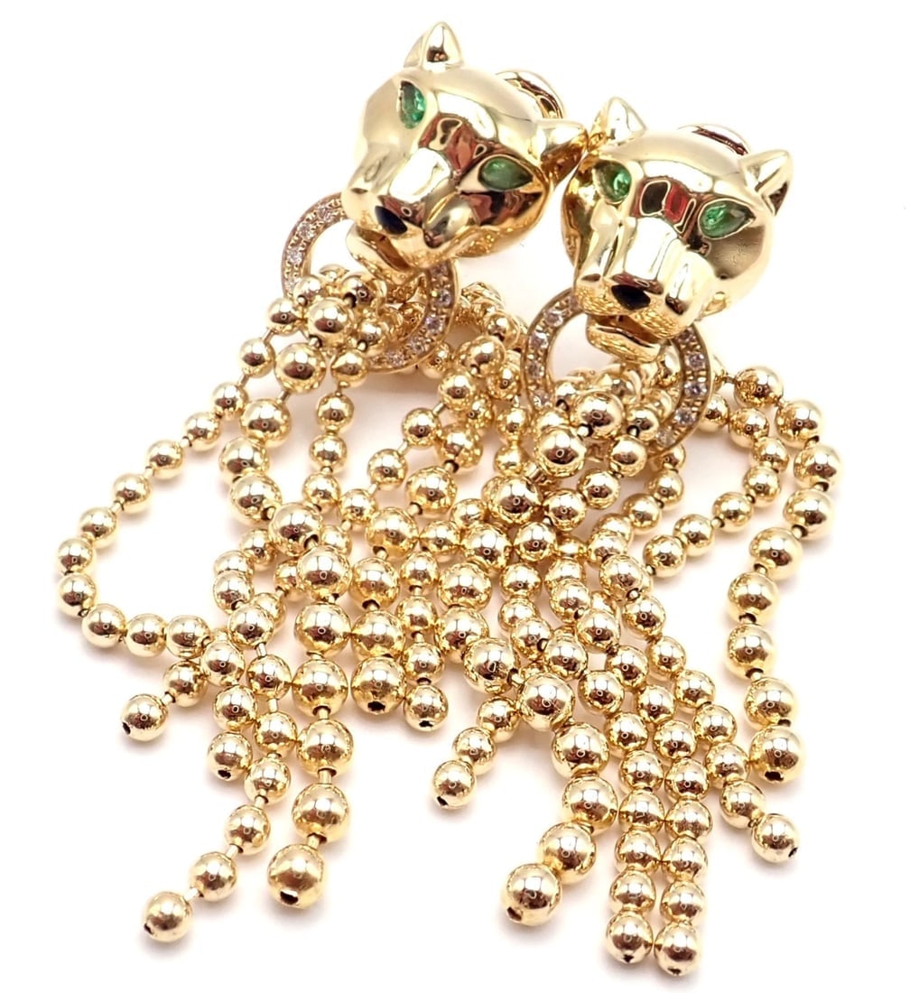 Authentic! Cartier Panther Panthere 18k Gold Diamond Tsavorite Onyx Earrings - 3