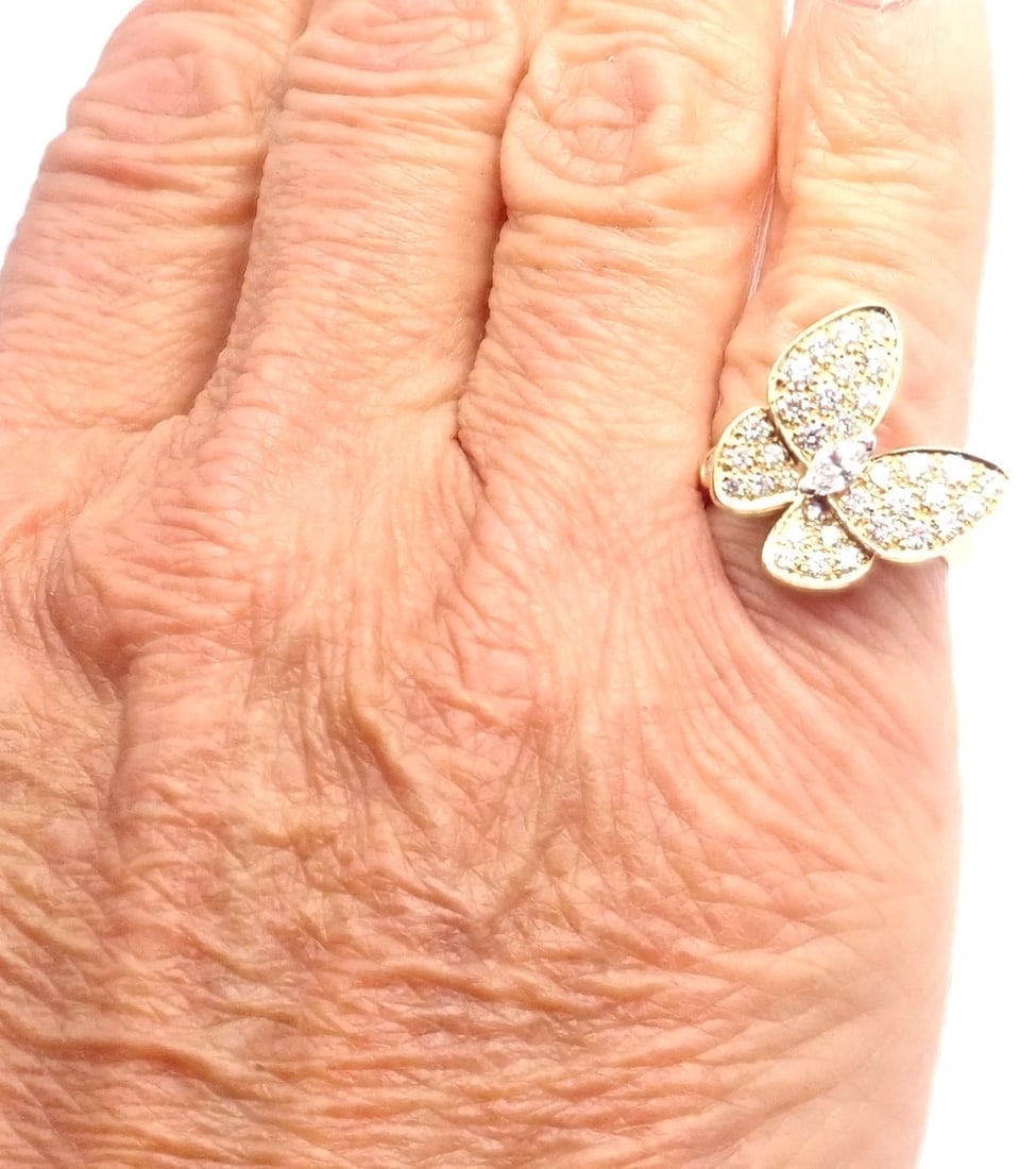 Authentic! Van Cleef & Arpels 18k Yellow Gold Diamond Two Butterfly Ring Cert. - 6