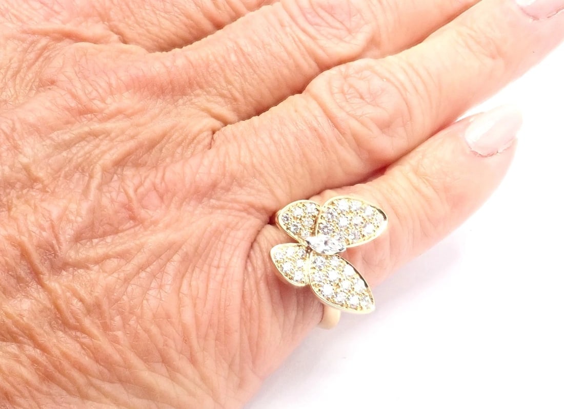 Authentic! Van Cleef & Arpels 18k Yellow Gold Diamond Two Butterfly Ring Cert. - 7