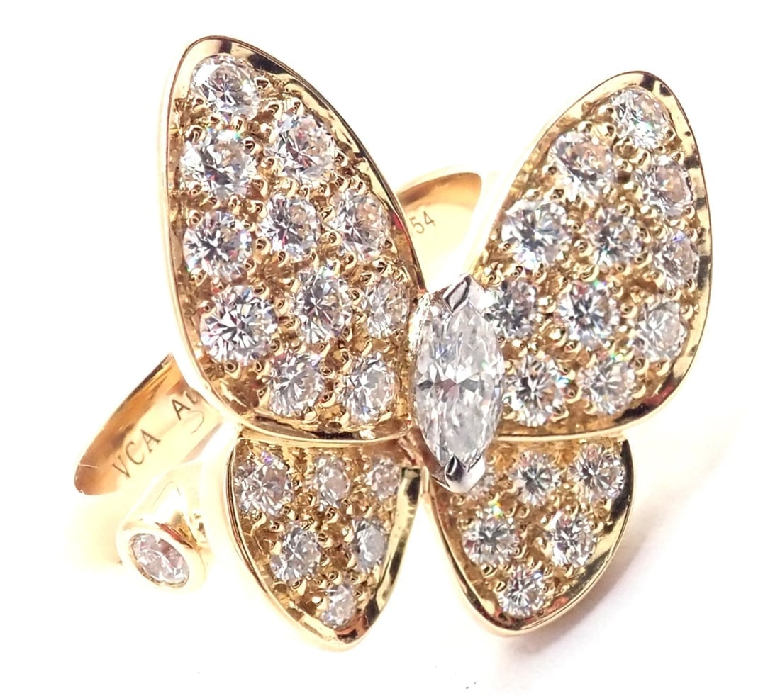 Authentic! Van Cleef & Arpels 18k Yellow Gold Diamond Two Butterfly Ring Cert. - 9