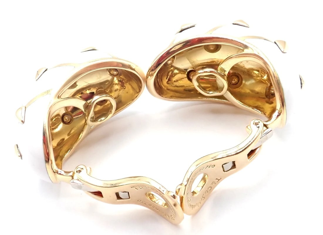 Tiffany & Co Schlumberger Dot Losange 18k Yellow Gold White Enamel Hoop Earrings - 10