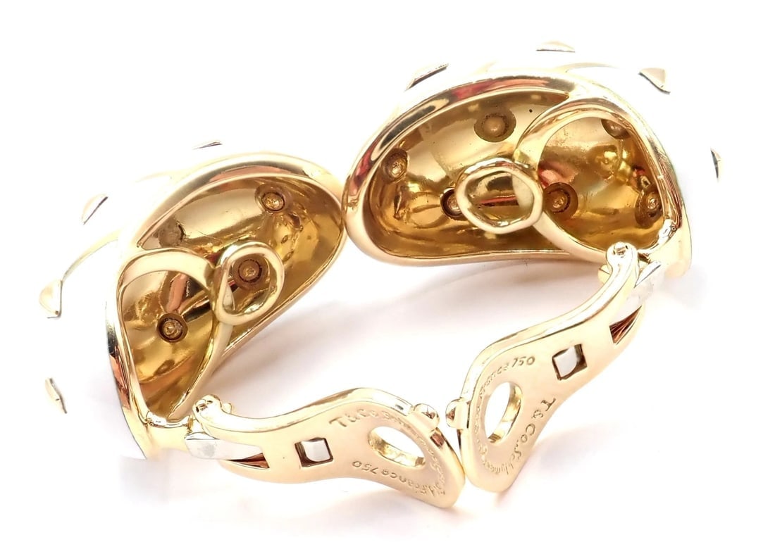 Tiffany & Co Schlumberger Dot Losange 18k Yellow Gold White Enamel Hoop Earrings - 4