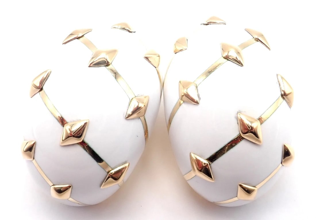 Tiffany & Co Schlumberger Dot Losange 18k Yellow Gold White Enamel Hoop Earrings - 5