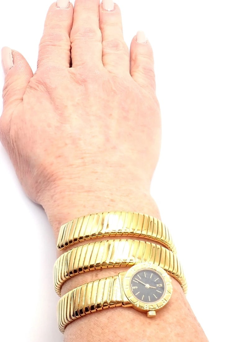 Authentic! Bulgari 18k Yellow Gold Tubogas Serpent Snake Bracelet Watch - 9