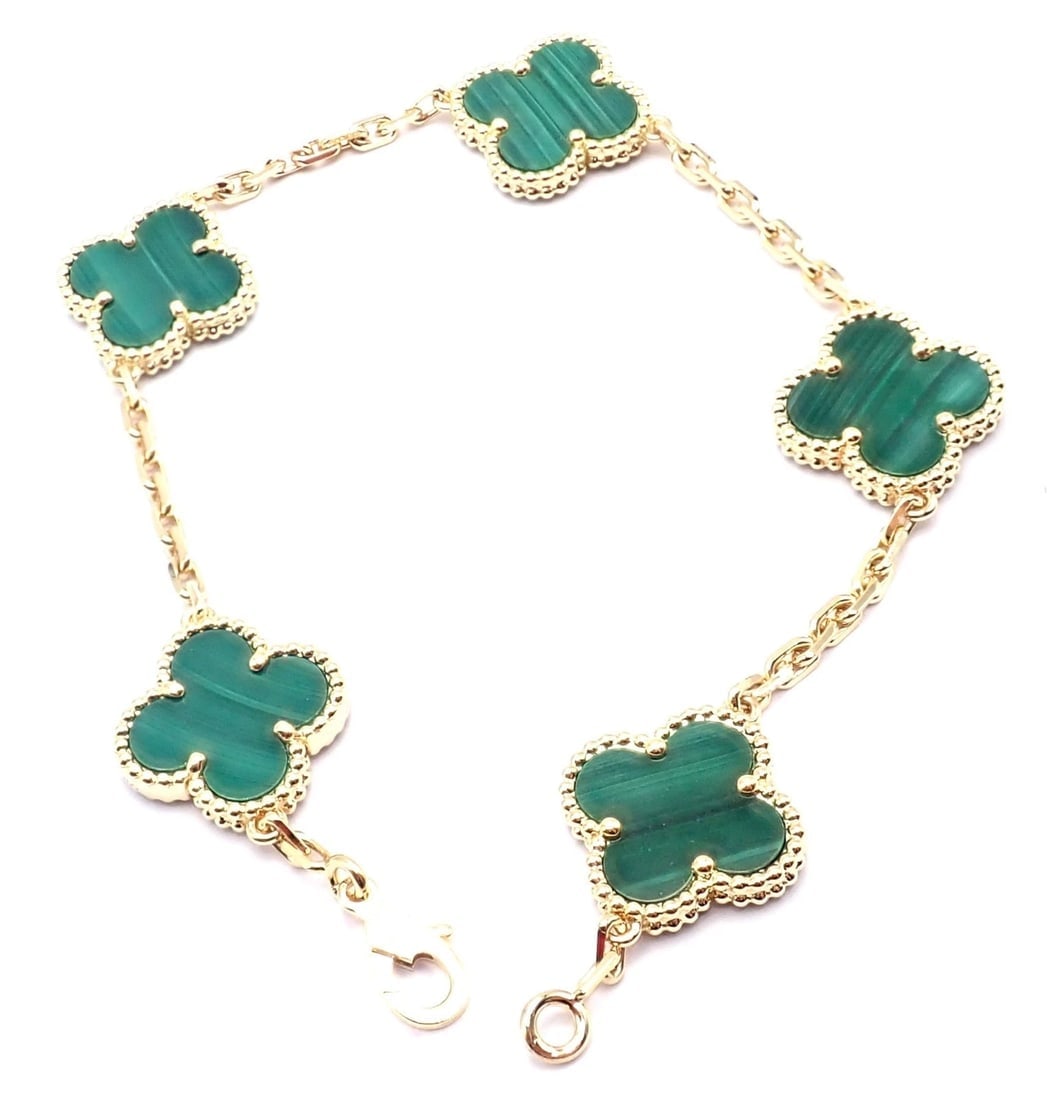 Authentic! Van Cleef & Arpels 18k Gold 5 Motif Malachite Alhambra Bracelet Cert. - 5