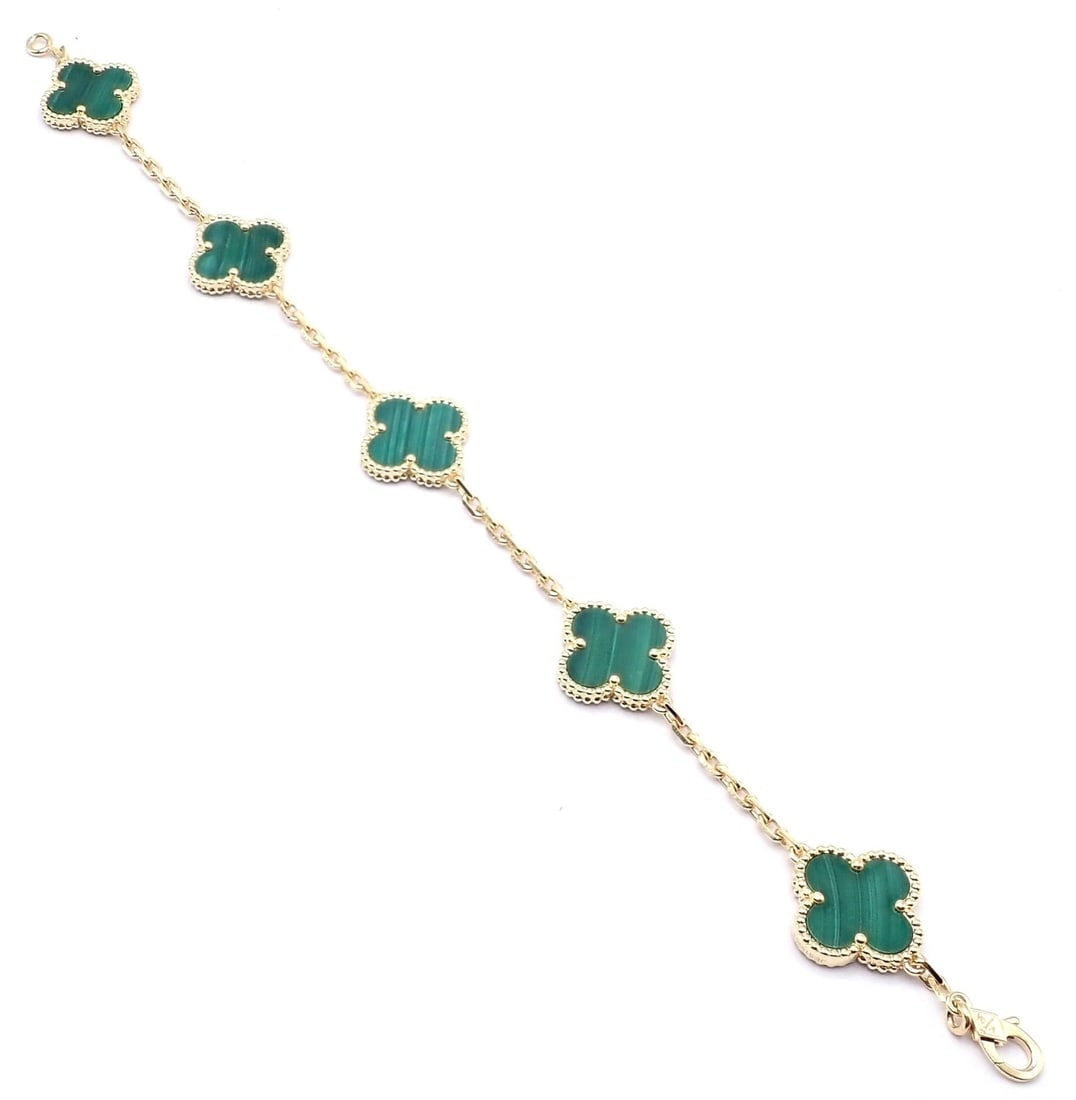 Authentic! Van Cleef & Arpels 18k Gold 5 Motif Malachite Alhambra Bracelet Cert. - 6