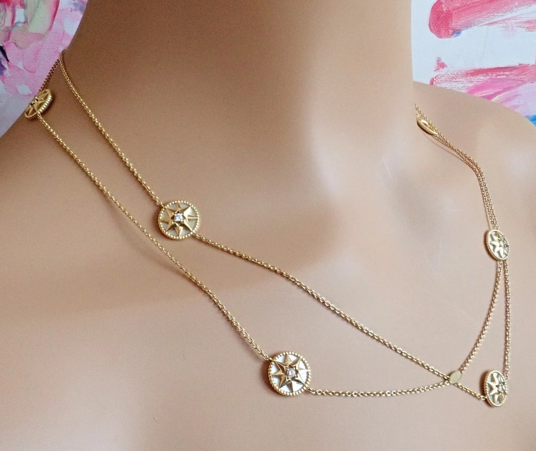 Christian Dior 18k Gold Rose De Vents Mother Of Pearl Diamond 42" Long Necklace - 6
