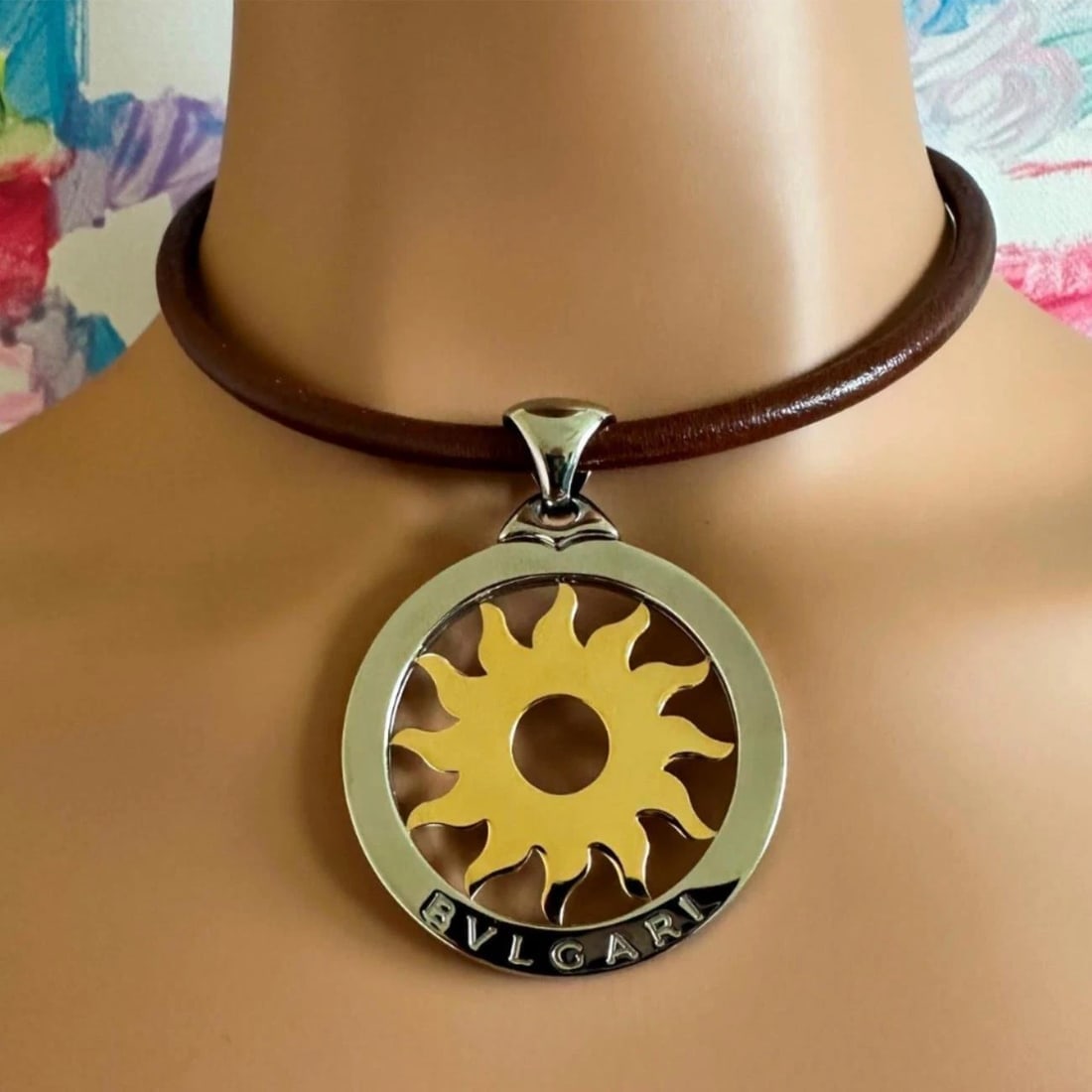 Bulgari Tondo Sun 18k Gold Steel Extra Large Pendant Brown Leather Necklace - 7