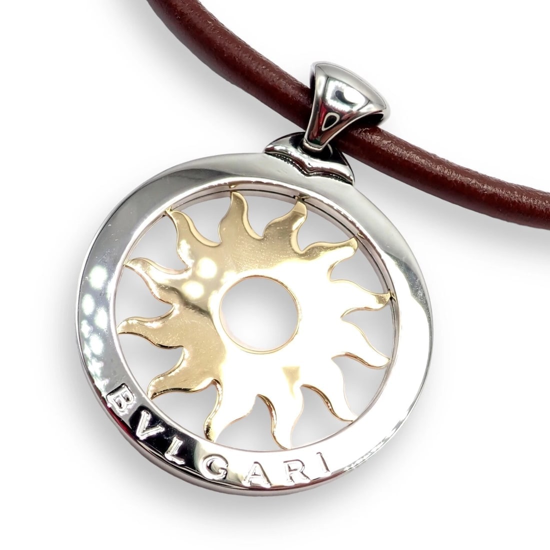 Bulgari Tondo Sun 18k Gold Steel Extra Large Pendant Brown Leather Necklace - 8