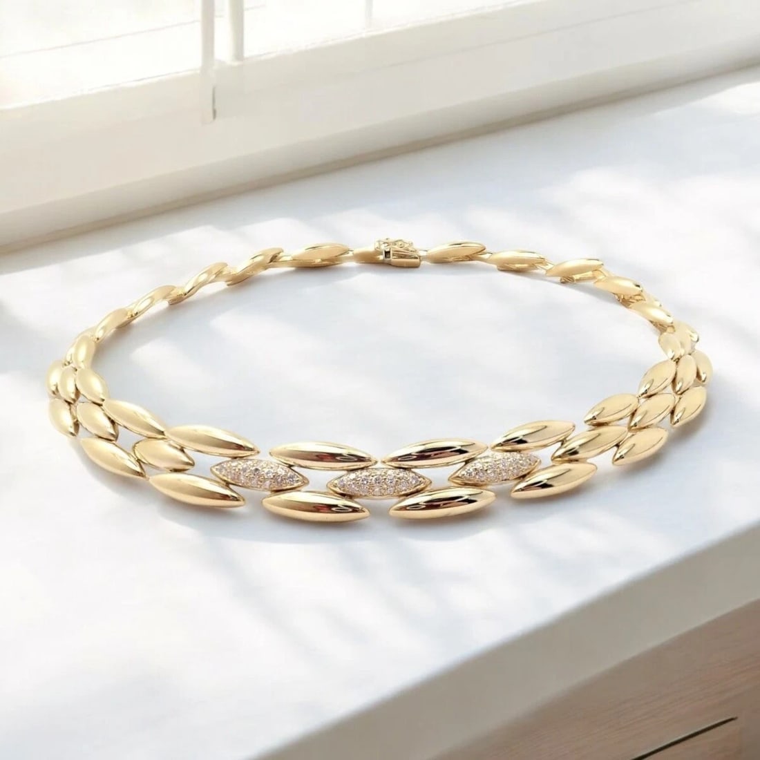 Authentic! Cartier 18k Yellow Gold Diamond Three Row Gentiane Rice Link Necklace - 2
