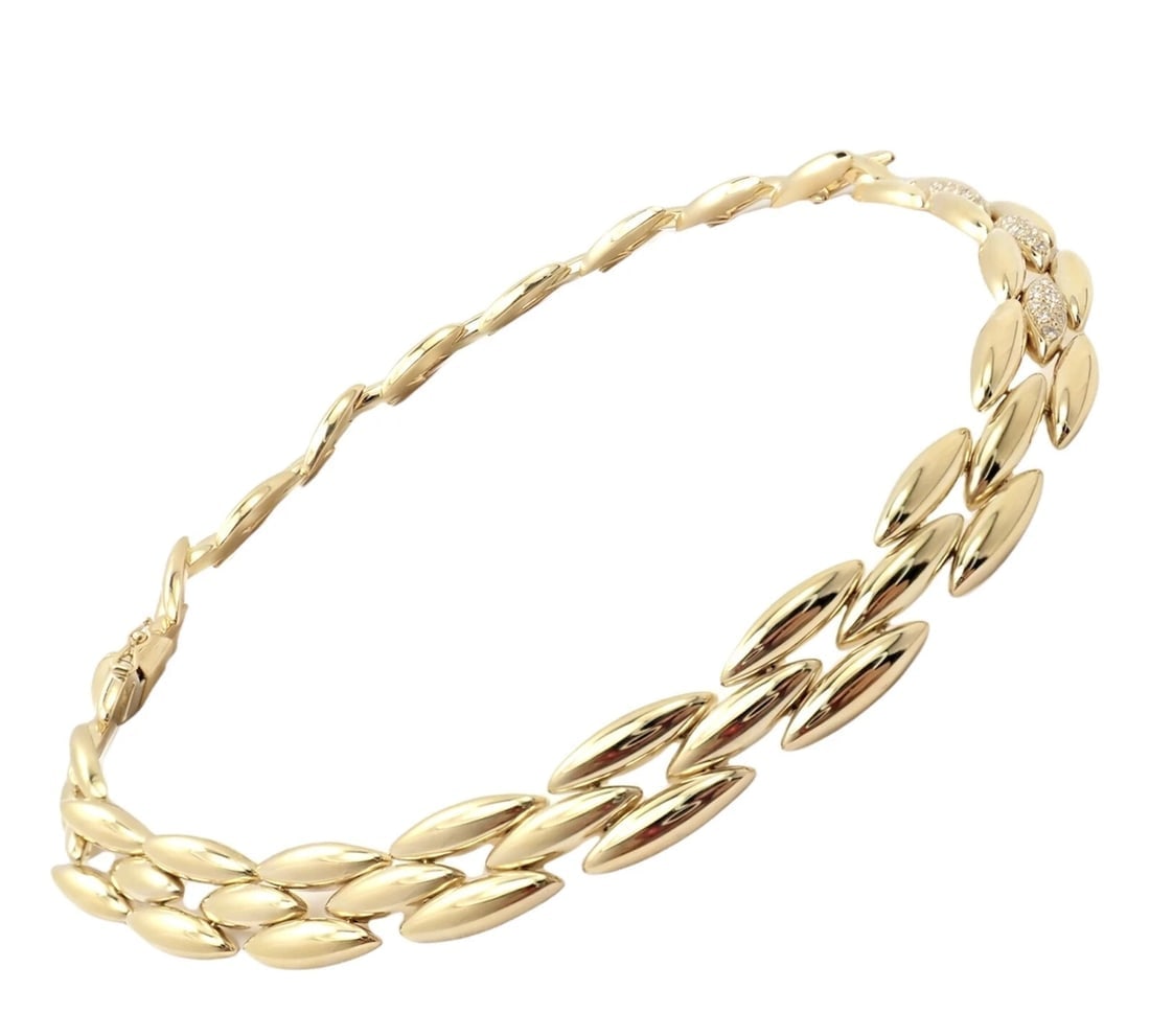 Authentic! Cartier 18k Yellow Gold Diamond Three Row Gentiane Rice Link Necklace - 4