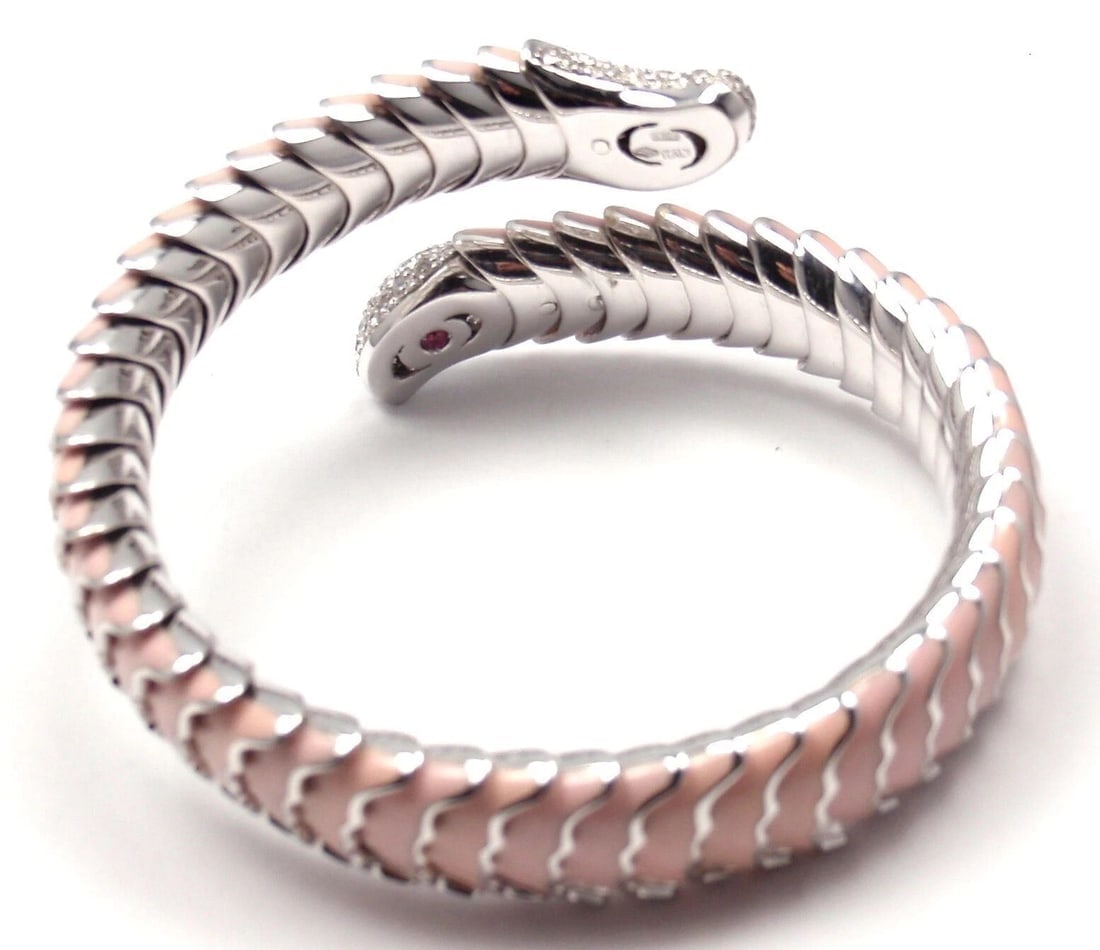 Authentic! Roberto Coin 18k White Gold Enamel Ruby Diamond Cobra Bangle Bracelet - 4