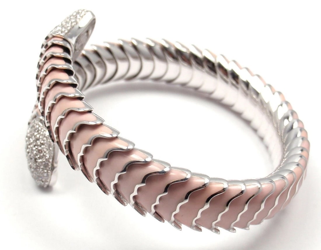 Authentic! Roberto Coin 18k White Gold Enamel Ruby Diamond Cobra Bangle Bracelet - 5
