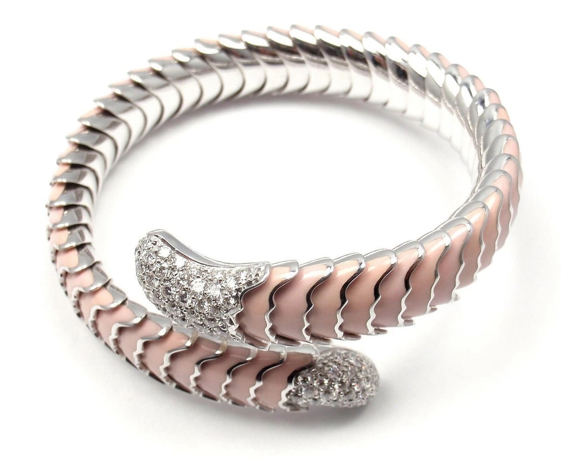 Authentic! Roberto Coin 18k White Gold Enamel Ruby Diamond Cobra Bangle Bracelet - 6