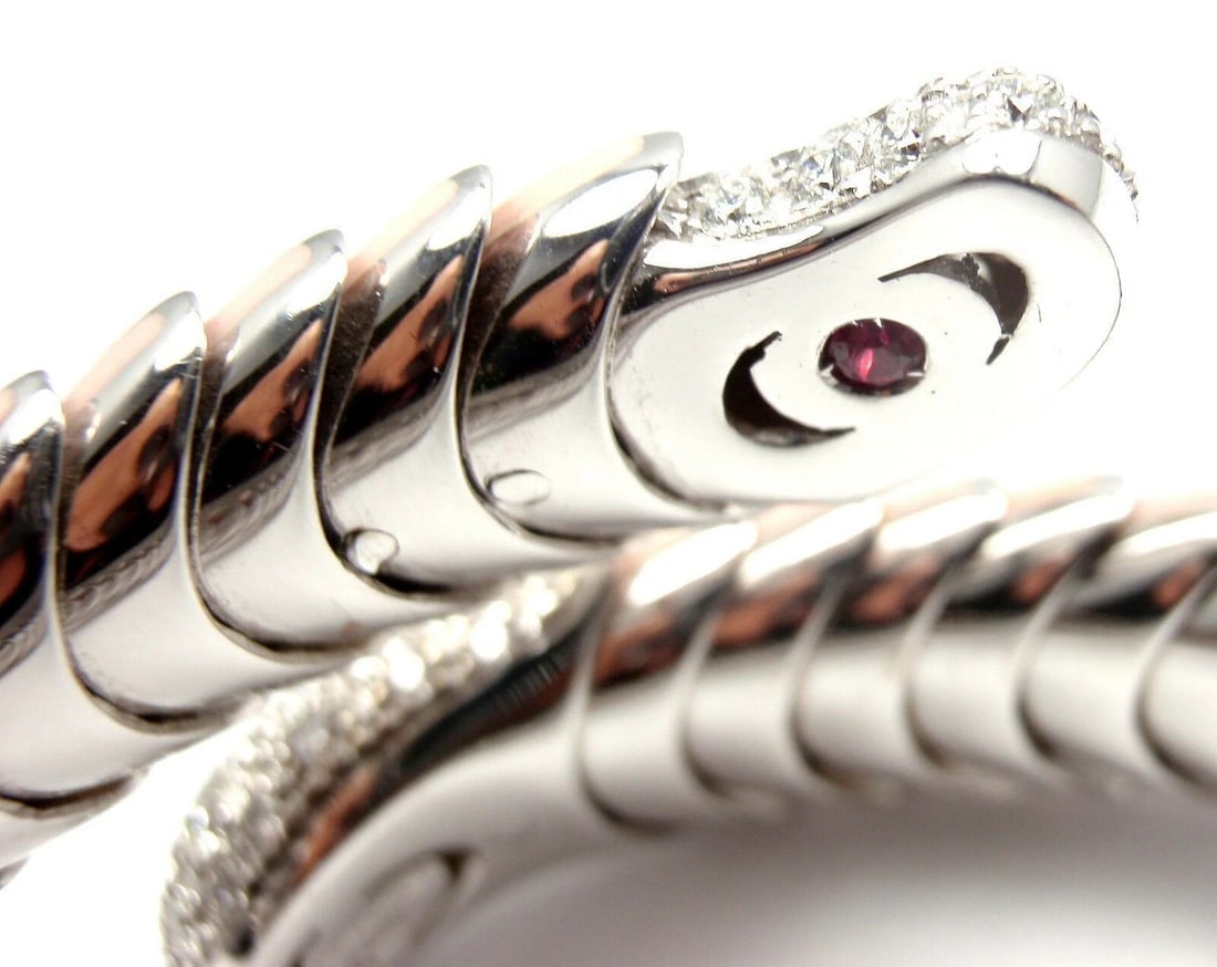 Authentic! Roberto Coin 18k White Gold Enamel Ruby Diamond Cobra Bangle Bracelet - 8