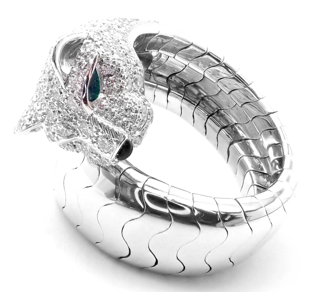 Authentic! Cartier Panther 18k White Gold Diamond Emerald Onyx Band Ring Cert. - 12