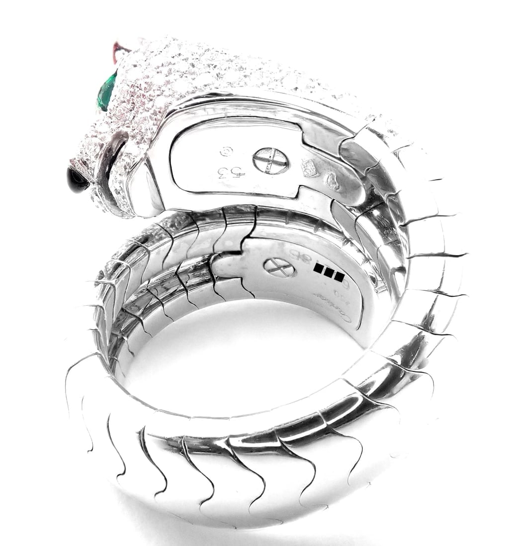 Authentic! Cartier Panther 18k White Gold Diamond Emerald Onyx Band Ring Cert. - 6