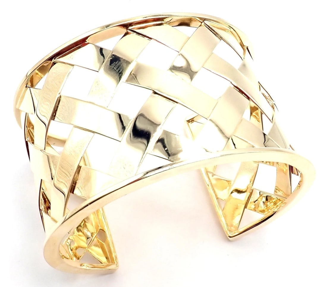 Authentic Verdura 18k Yellow Gold Criss Cross Wide Cuff Bracelet - 10