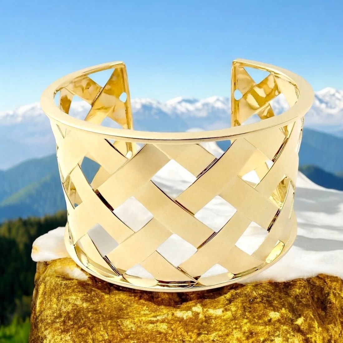 Authentic Verdura 18k Yellow Gold Criss Cross Wide Cuff Bracelet - 2