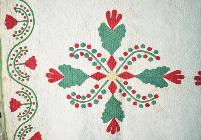 1860's Red & Green Poinsettia Applique Quilt - 5