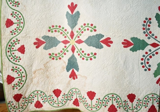 1860's Red & Green Poinsettia Applique Quilt - 6