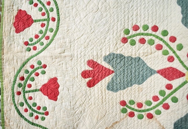1860's Red & Green Poinsettia Applique Quilt - 7