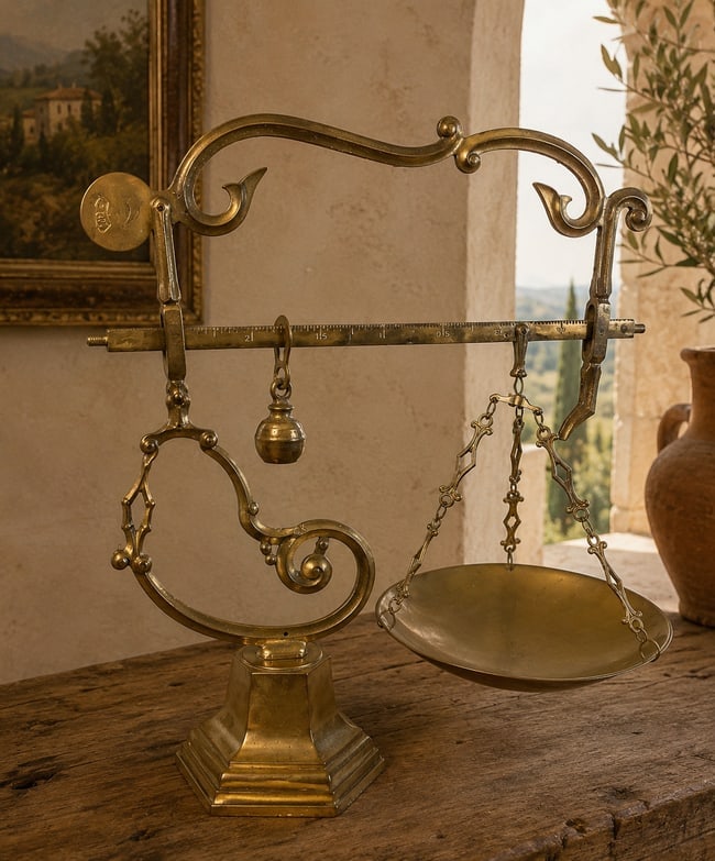 Antique Tuscan Brass Balance Scale with Decorative Pan & Weights, c. Late 19th-Early 20th Century - 2