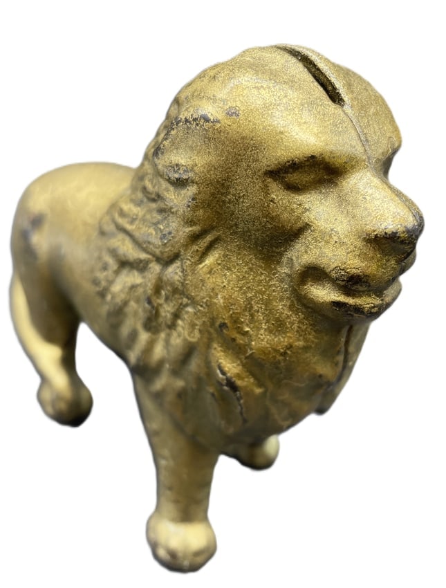 Antique Cast Iron Lion Still Bank c.1890-1900 Original Gold Painted 5" - 2