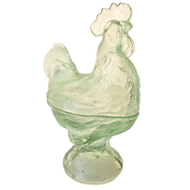 Vintage Pale Green Clear Glass Hen on Nest, Rooster Candy Dish - 2