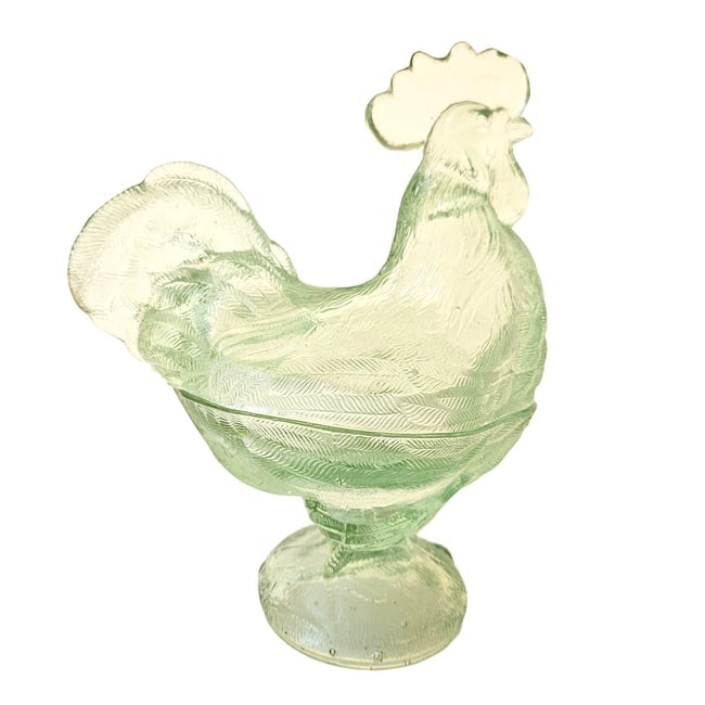 Vintage Pale Green Clear Glass Hen on Nest, Rooster Candy Dish - 3