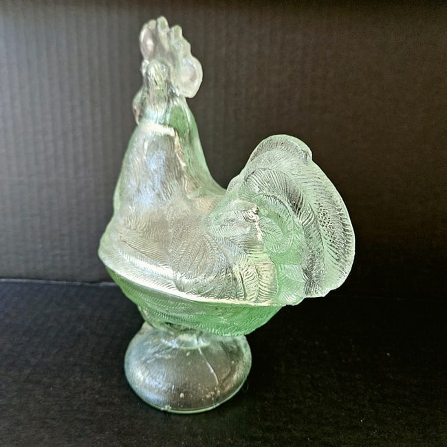 Vintage Pale Green Clear Glass Hen on Nest, Rooster Candy Dish - 7