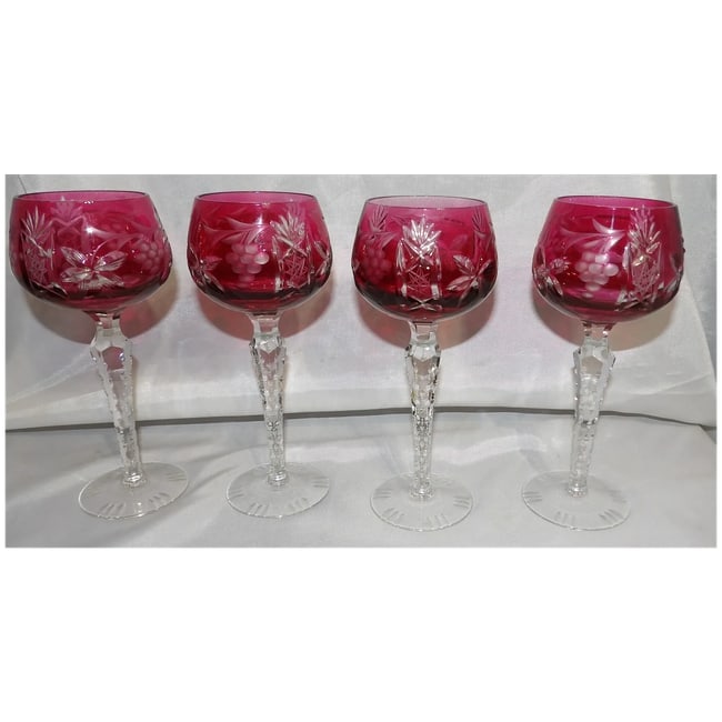 Set of 4 Vintage Bohemian Cranberry Crystal Cut-to-Clear Wine Goblets - 2