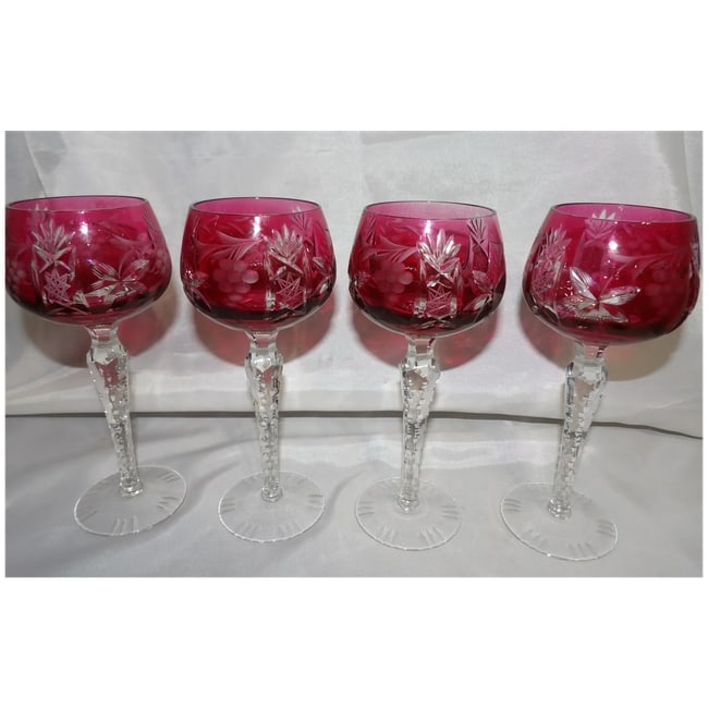 Set of 4 Vintage Bohemian Cranberry Crystal Cut-to-Clear Wine Goblets - 3