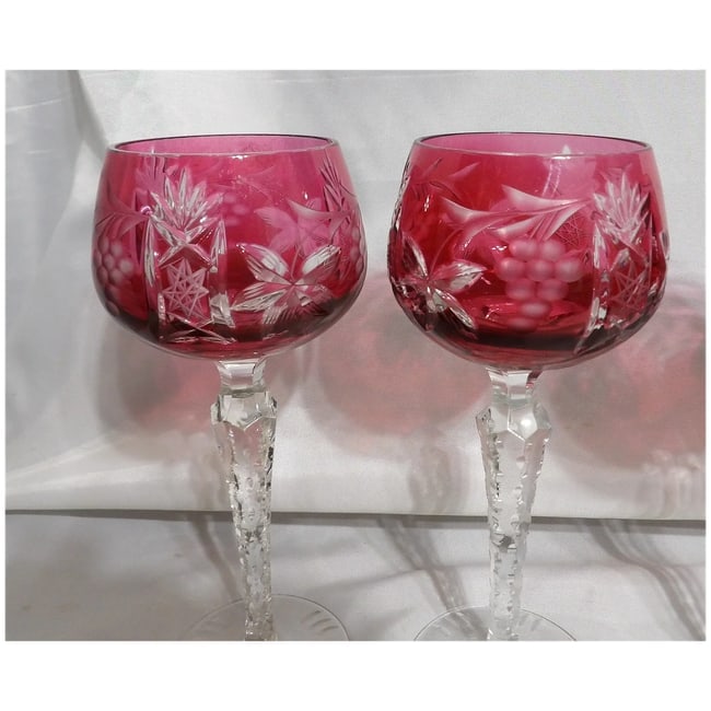 Set of 4 Vintage Bohemian Cranberry Crystal Cut-to-Clear Wine Goblets - 4