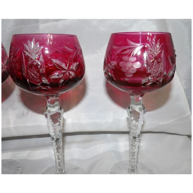 Set of 4 Vintage Bohemian Cranberry Crystal Cut-to-Clear Wine Goblets - 5