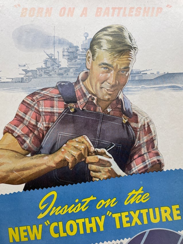 1940s Cone Deeptone Denim Advertising Display Sign "Born on a Battleship" Textile Industry Cardboard - 2