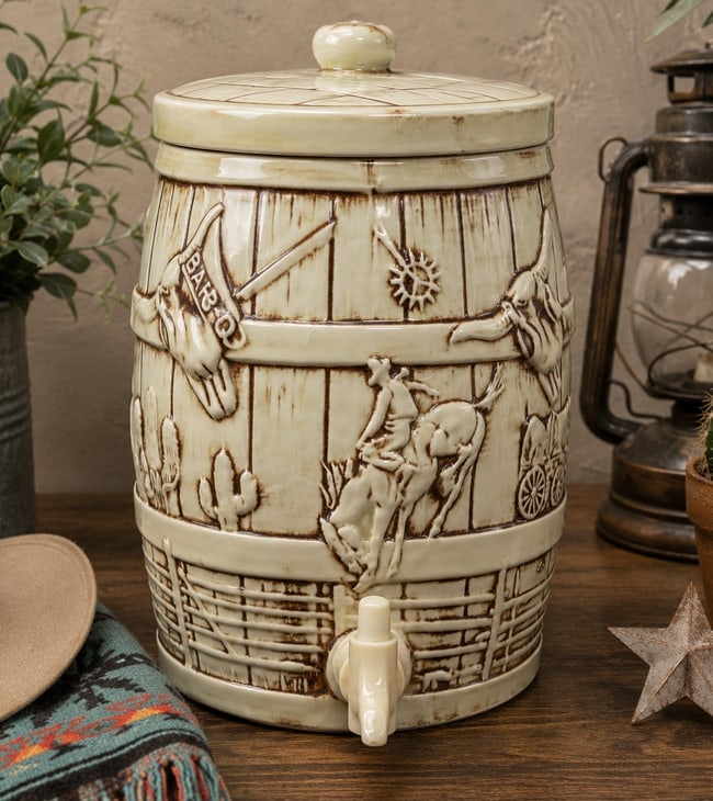 1960 McCoy El Rancho Western Ceramic Drink Dispenser Cookie Jar Style Crock: Date/Period: 1960 Dimension: Approx. 10 x 6.5 Material: CERAMIC Additional Information: A scarce and highly collectible 1960 McCoy El Rancho Western Drink Dispenser, produced for the Gail Styn