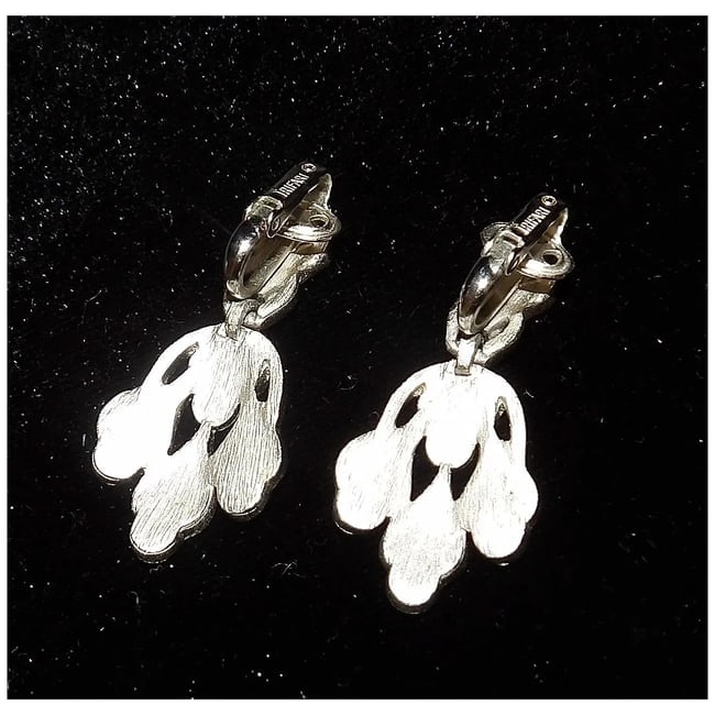 Vintage Crown Trifari Silver tone Drop Dangle Clip Earrings - 3